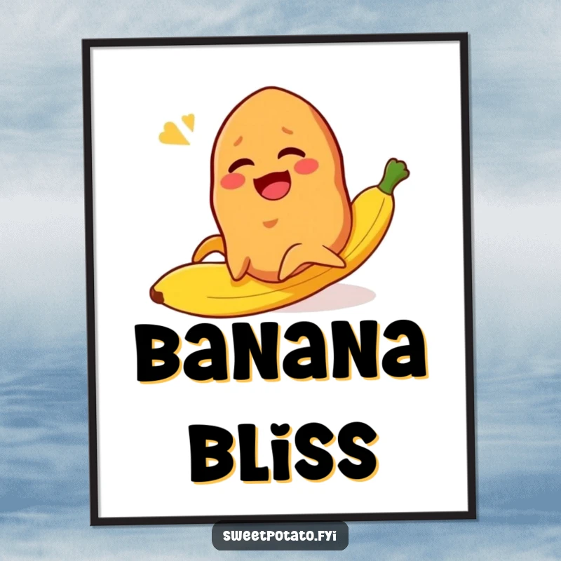 Funny sweet potato character slipping on a banana peel while laughing, a digital art print for humorous decor.