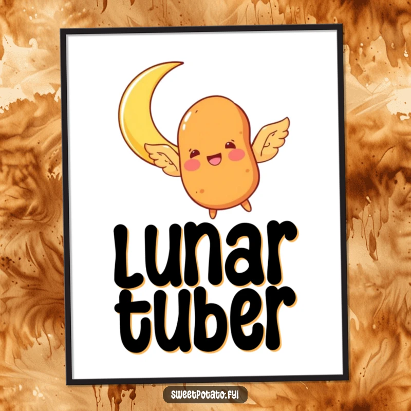 Funny sweet potato character digital art print, sprouting wings and joyfully flying towards a crescent moon, whimsical and inspiring.