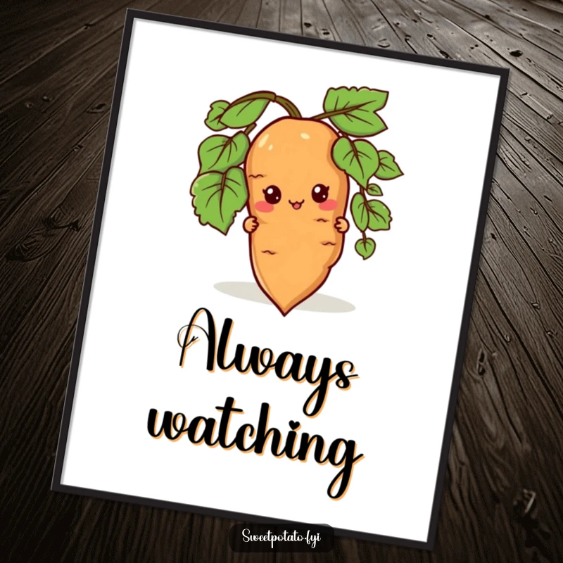 Funny digital art print of a sweet potato character peeking from behind a root, bringing instant playful mystery and humor.