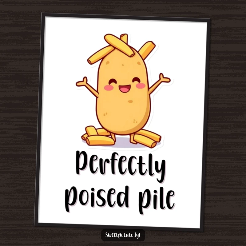 Funny sweet potato grinning, balancing potato wedges, high-resolution digital art for humorous decor.