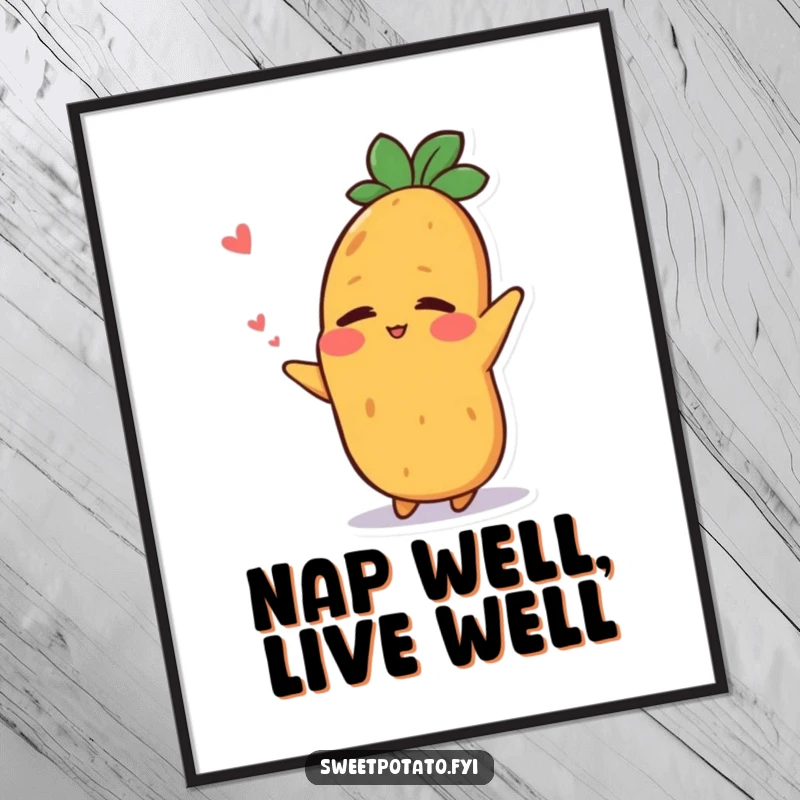 Funny digital art print of a sweet potato character stretching with a relieved smile after a nap, for serene decor.