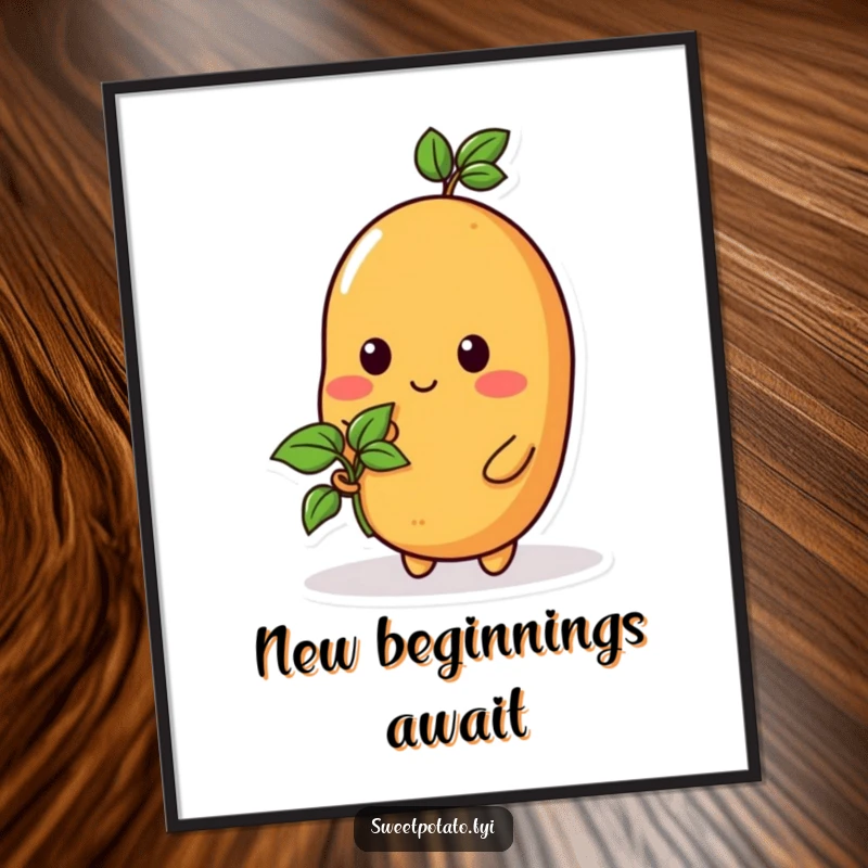 Funny digital art print of a sweet potato character holding a tiny sprout, symbolizing growth and gentle humor.