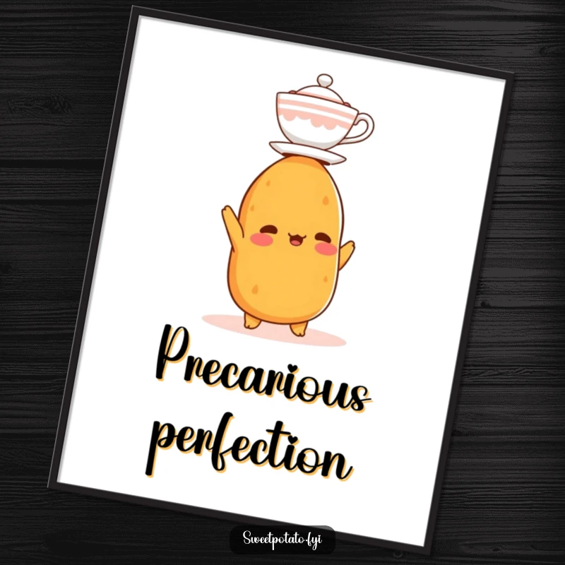 Funny digital art print of a sweet potato character balancing a miniature teacup on its head, ideal for humorous home decor.