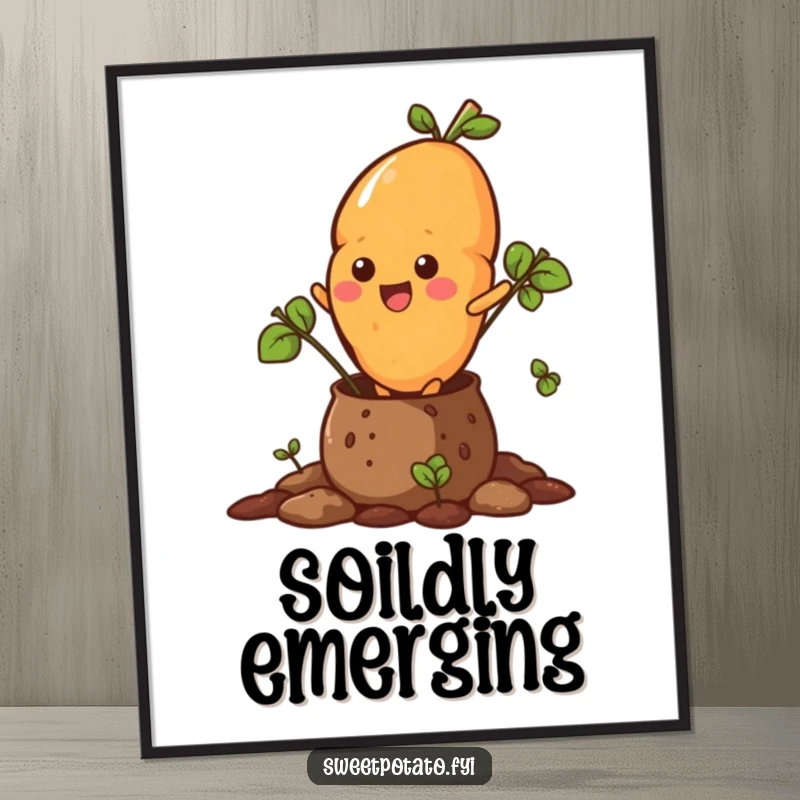 Funny digital art print capturing a sweet potato character bursting energetically out of a soil pot, symbolizing growth.