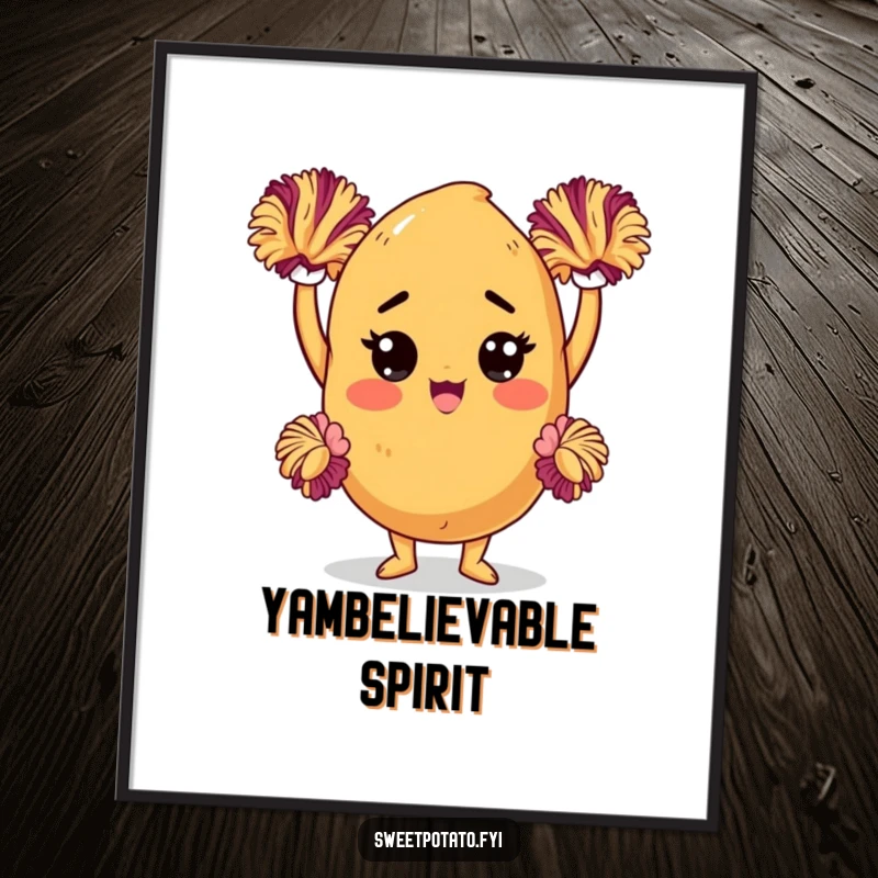 Funny sweet potato digital art print of a determined character cheering with pom-poms, perfect for instant, motivational decor.