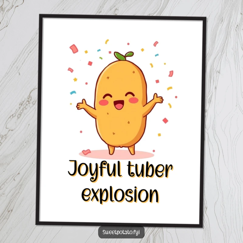 Funny digital art print of a beaming sweet potato character joyfully throwing a cascade of confetti, spreading celebration.