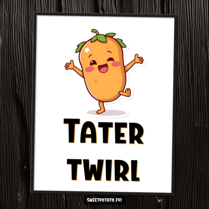 Funny sweet potato digital art print of a character joyfully attempting a cartwheel, full of energetic fun.