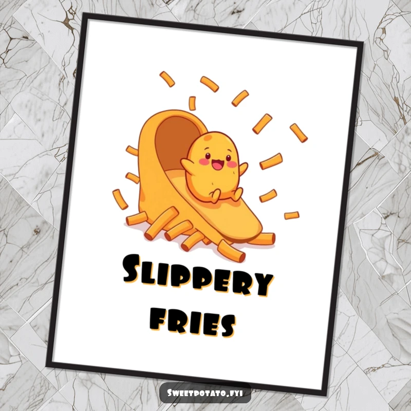 Funny digital art print of a cheerful sweet potato character sliding down an epic chute made of sweet potato fries.