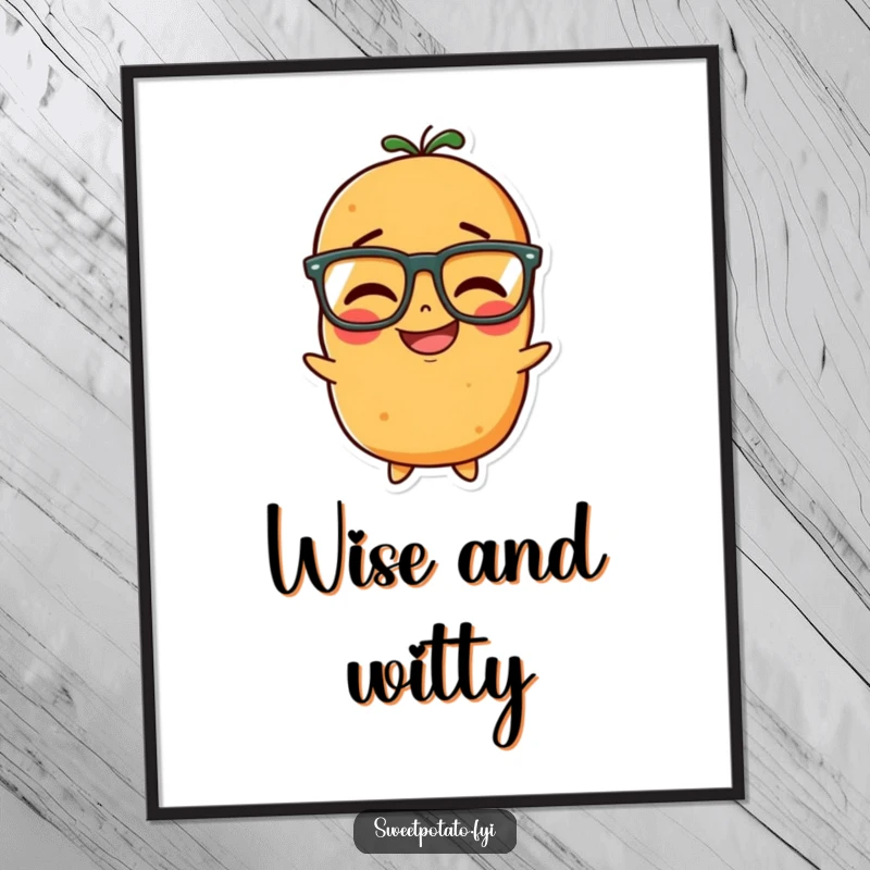 Funny digital art print of a sweet potato character wearing glasses, giggling with a look of clever amusement.