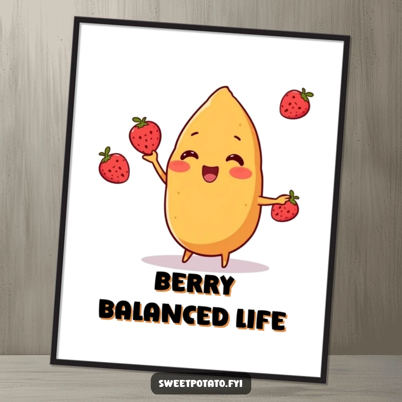 Funny sweet potato character cheerfully juggling three small berries in a high-resolution digital art print, capturing delightful wholesomeness and humor, a funny gift.