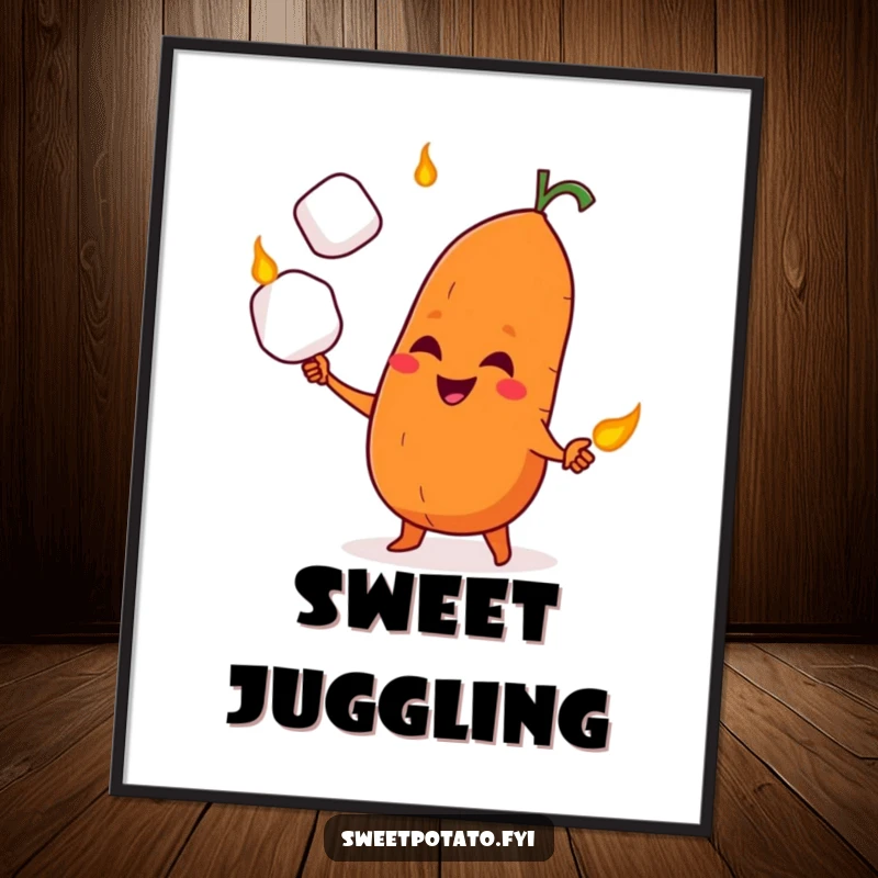 Funny digital art print of a sweet potato character with a mischievous grin, expertly juggling roasted marshmallows.