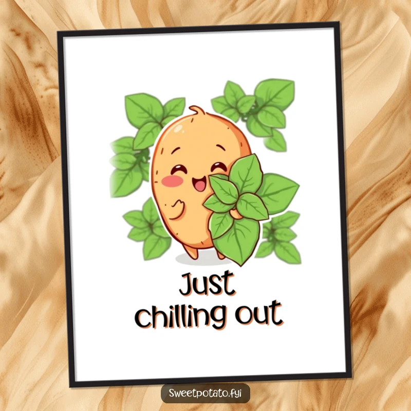 Funny digital art print of a cheerful sweet potato character fanning itself with a large mint leaf, delivering instant smiles and cool humor.