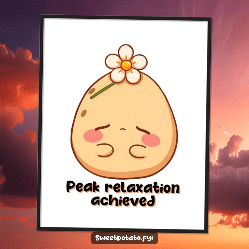 Funny sweet potato digital art print of a content spud napping peacefully under a flower. High-resolution, humorous, and charming.