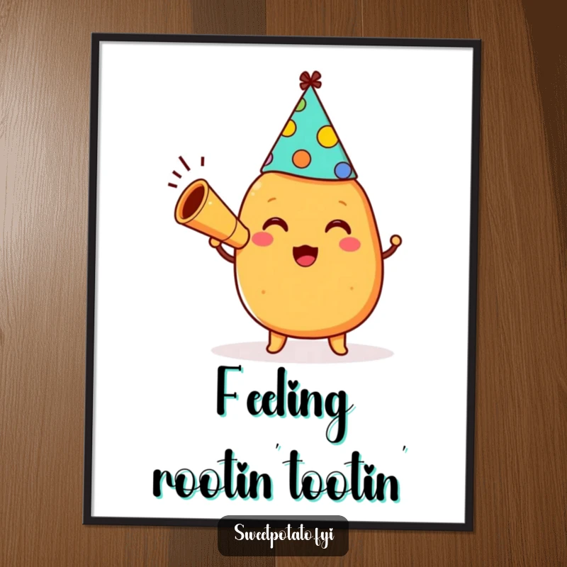 Funny happy sweet potato character wearing a party hat and blowing a horn, available as a high-resolution digital art print for humorous decor.