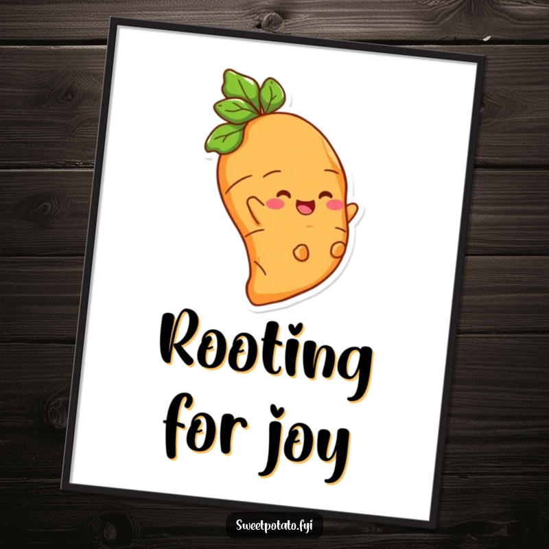 Funny digital art print of a delighted sweet potato character sliding down a root with infectious enthusiasm.