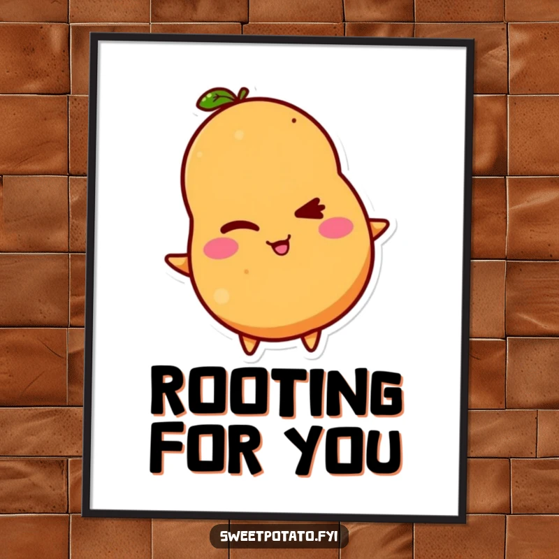 Funny digital art print of a sweet potato character winking with a mischievous grin, offering instant humorous decor.