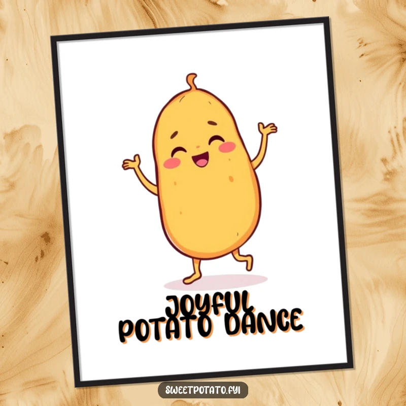 Funny sweet potato digital art print of a dancing character doing a joyful jig, perfect for adding vibrant, energetic decor.