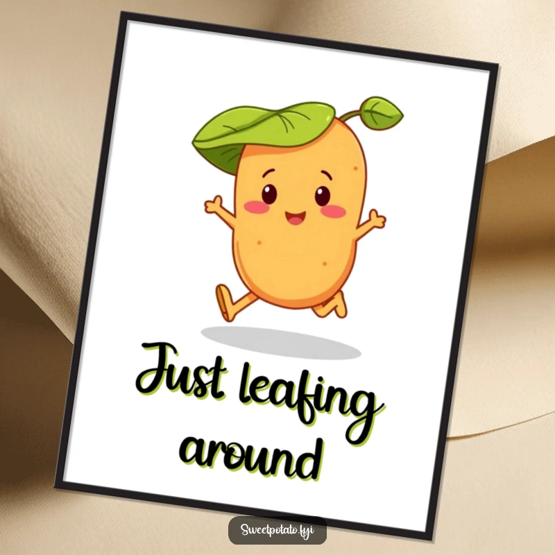 Funny digital art print of a sweet potato character wearing a leaf hat, joyfully skipping with infectious energy.
