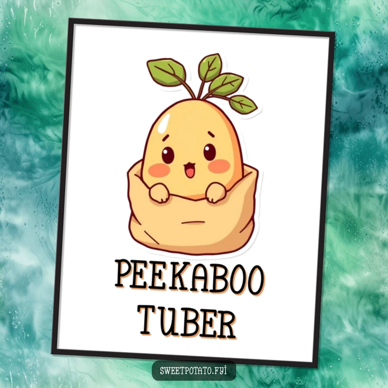Funny Surprised Sweet Potato Digital Art Print of a sweet potato character wide-eyed with surprise, peeking from a potato sack.