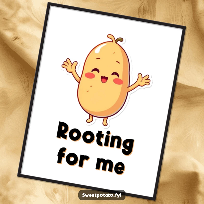 Funny digital art print of a sweet potato character with minuscule arms, exuding infectious happiness and a triumphant cheer.