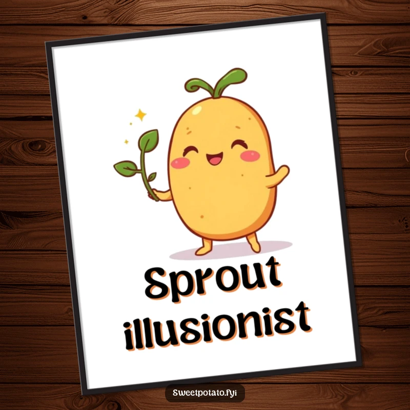 Funny digital art print of a pleased sweet potato character skillfully performing a magic trick with a sprout, full of wonder.