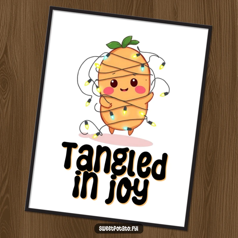 Funny digital art print of a sweet potato character comically tangled in a string of fairy lights, ideal for humorous festive decor.