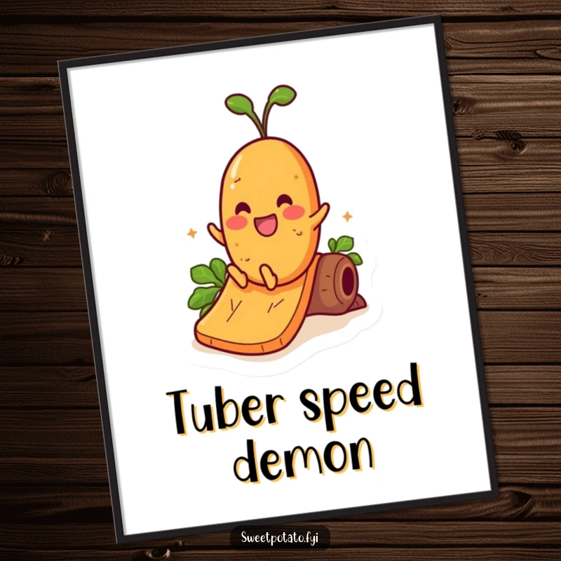 Funny digital art print of a cheerful sweet potato character joyfully sliding down a smooth yam slide, full of excitement.