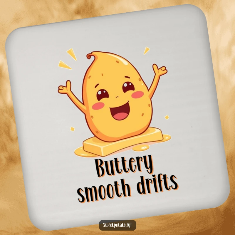 Funny drink coaster showing an excited sweet potato character sliding on butter, adding a humorous touch to any setting.