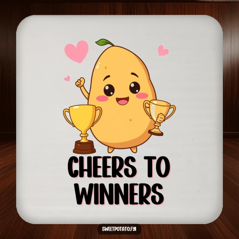 Funny drink coaster showcasing a proud sweet potato holding a trophy, adding a celebratory potato touch to any surface.
