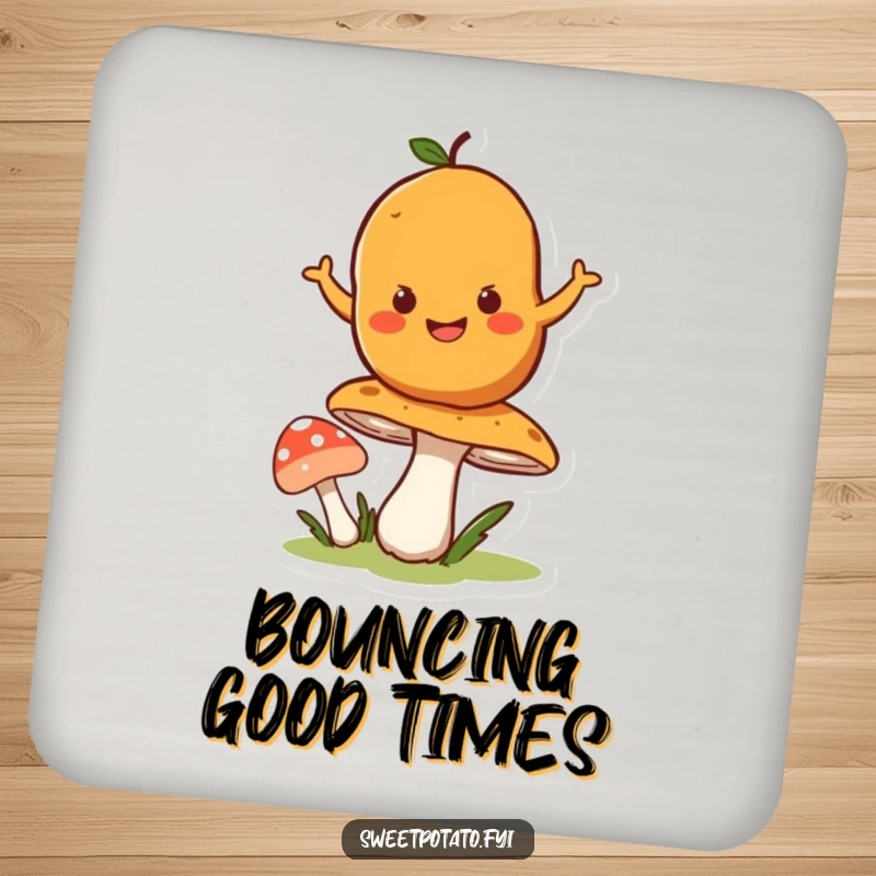 Funny coaster featuring a happy sweet potato character bouncing on a springy mushroom, protecting surfaces with humor.