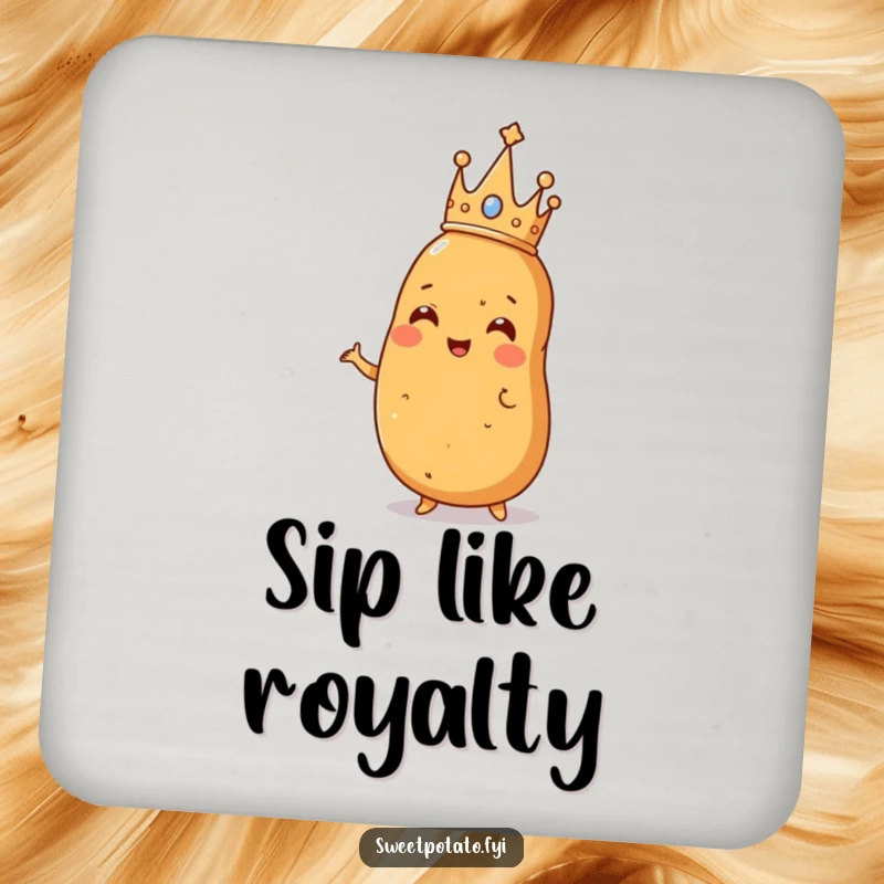 Funny drink coaster showcasing a sweet potato wearing a tiny crown, striking a regal pose, adding potato elegance to any table.