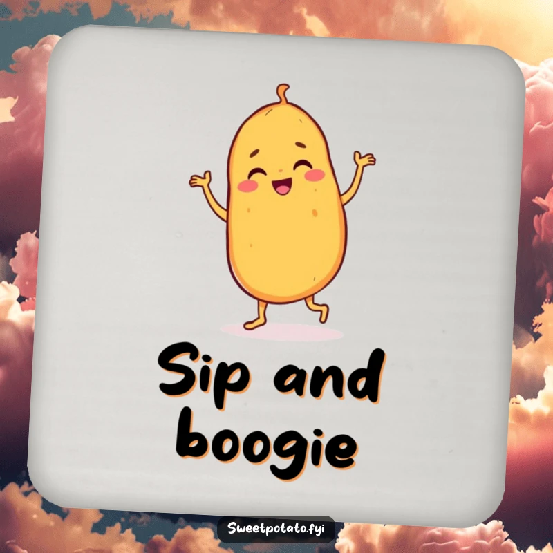 Funny sweet potato drink coaster featuring a dancing character doing a joyful jig, protecting surfaces with lively and humorous celebration.