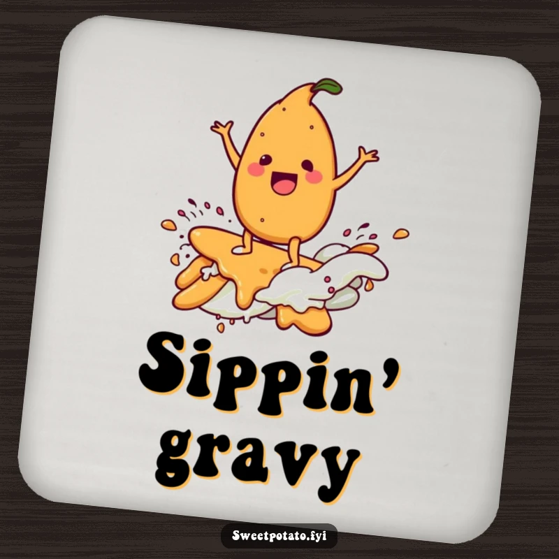 Funny drink coaster showing a delighted sweet potato character surfing a gravy wave, a humorous addition to any table.