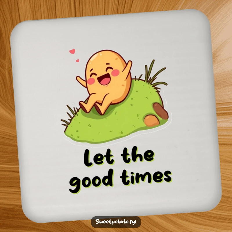Funny giggling sweet potato character enthusiastically sliding down a grassy hill, on a set of humorous drink coasters.