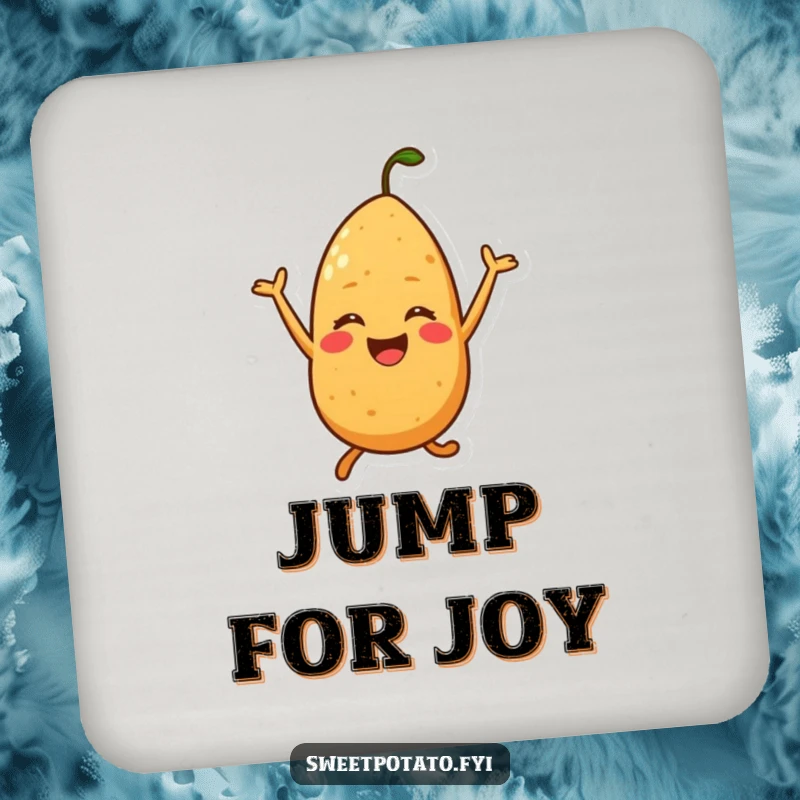 Funny drink coaster featuring a sweet potato character joyfully jumping, adding a humorous touch to tabletops.
