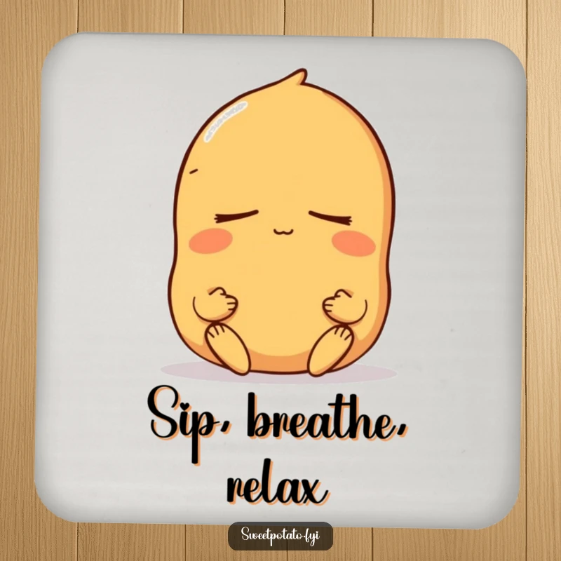 Funny sweet potato drink coaster featuring a peaceful meditating character, protecting surfaces with serene and humorous mindfulness.