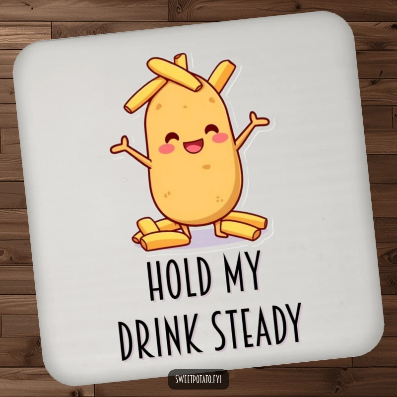 Funny sweet potato grinning, balancing potato wedges, a humorous coaster for drinks.