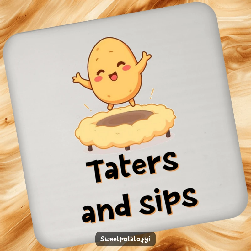 Funny drink coaster featuring a tickled sweet potato character bouncing on a mashed potato trampoline, adding a comforting and humorous touch to any table.
