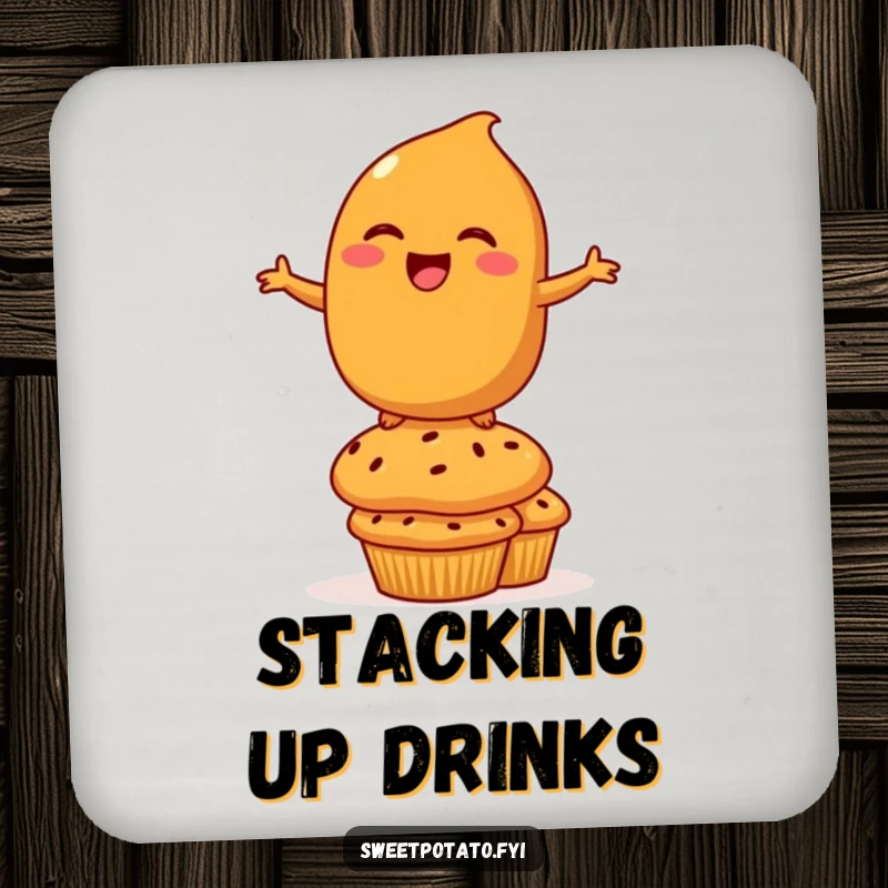 Funny Coaster: A protective coaster showcasing a laughing sweet potato character balancing on muffins, adding a comical touch.