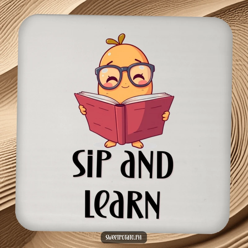 Funny drink coaster featuring a sweet potato character wearing glasses, engrossed in a large book, protecting furniture with humor.