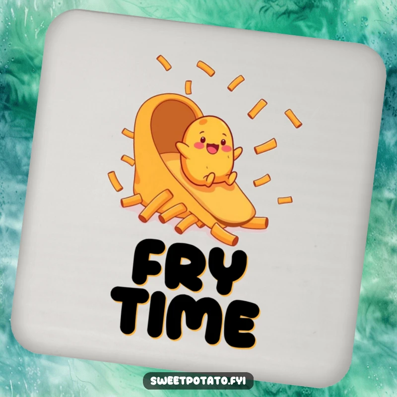 Funny coaster showing a cheerful sweet potato character sliding down a chute made of delicious sweet potato fries.