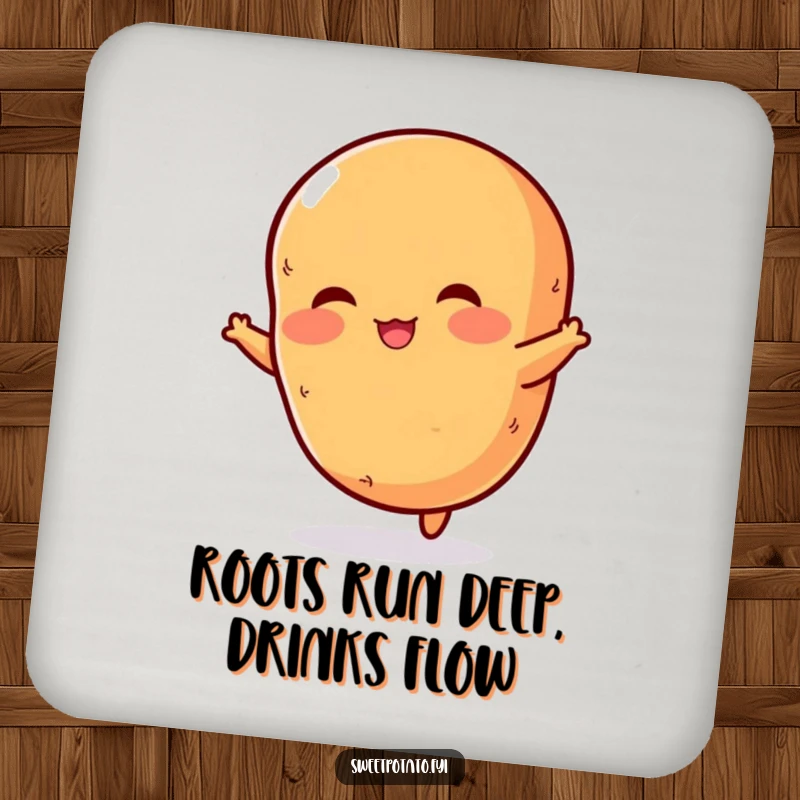 Funny drink coaster with a rosy-cheeked sweet potato captured in a lively jump, adding potato charm to any table.
