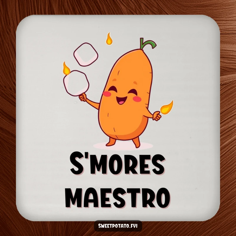 Funny coaster showing a sweet potato character with a mischievous grin, skillfully juggling roasted marshmallows.