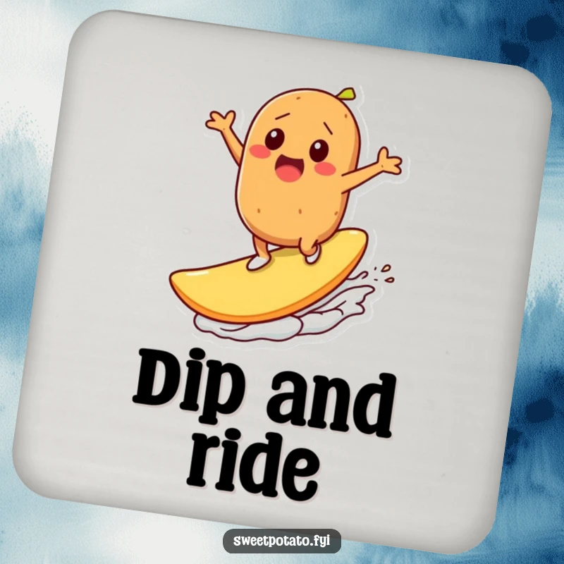 Funny coaster: A sweet potato character excitemently surfs on a large potato chip, adding a playful, protective touch to any surface.