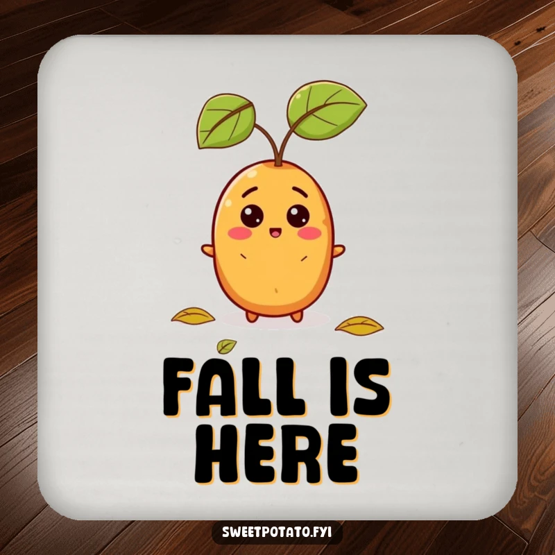 Funny drink coaster featuring a sweet potato with a surprised face from a falling leaf, a humorous table accessory.