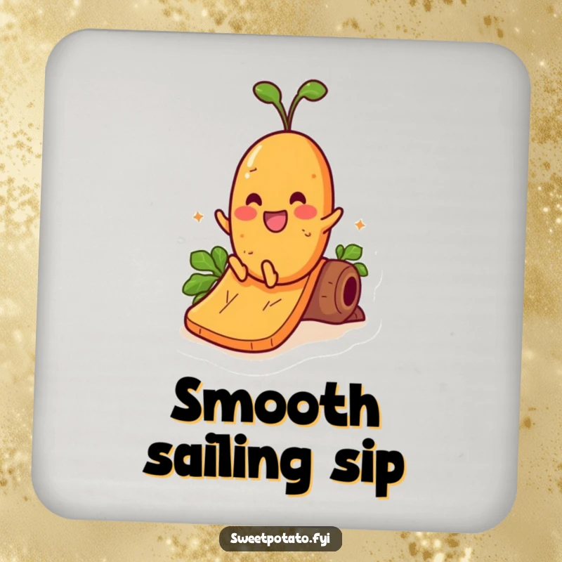 Funny coaster featuring a cheerful sweet potato character sliding down a yam slide, adding a fun element to drinks.