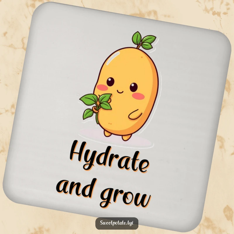 Funny coasters featuring a sweet potato character holding a tiny sprout, adding growing charm and humor to tables.