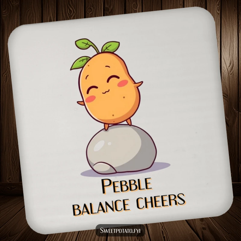 Funny sweet potato character winking and balancing on a pebble, printed on a protective drink coaster.