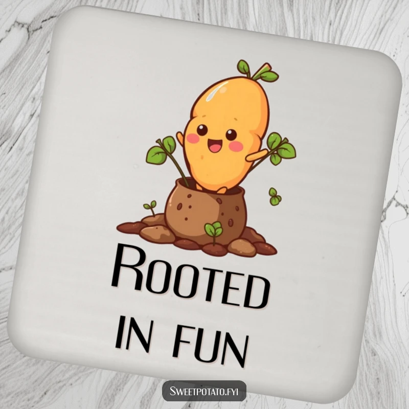 Funny drink coaster featuring a sweet potato character dramatically bursting out of a soil pot, protecting your furniture.