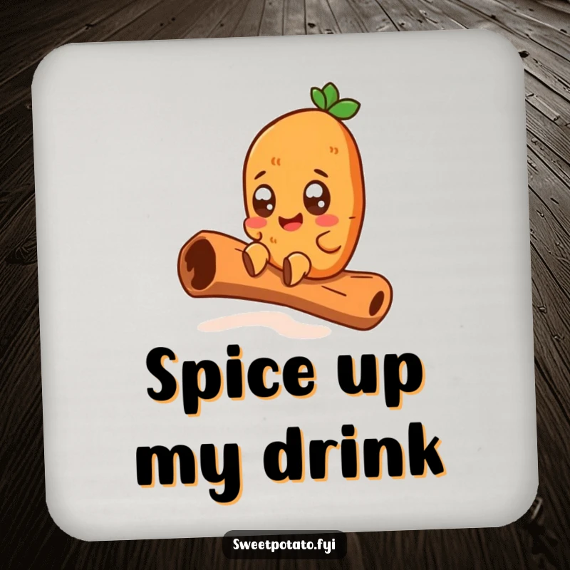 Funny drink coaster featuring a wide-eyed sweet potato character joyfully sliding down a giant cinnamon stick, adding spicy humor to any surface.
